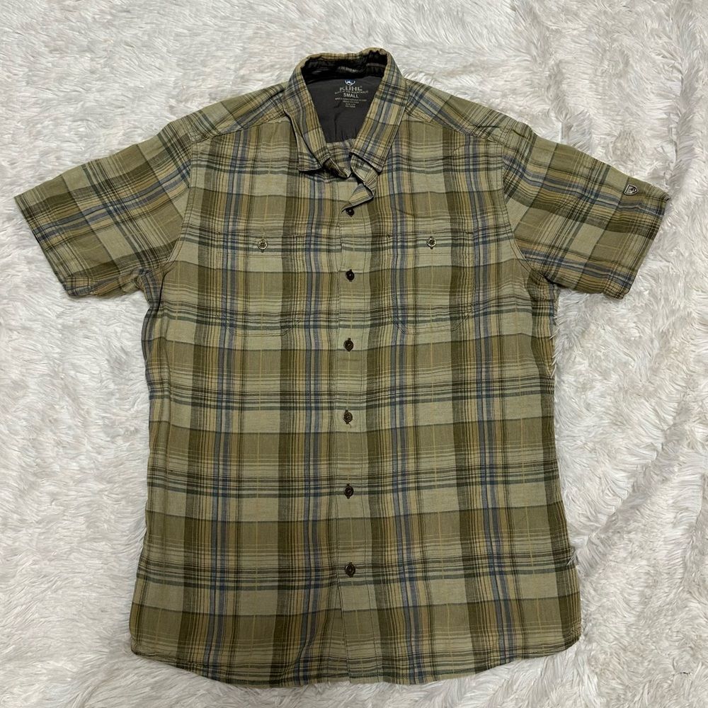 Kuhl Men’s Short Sleeve Linen Button Down Plaid Shirt